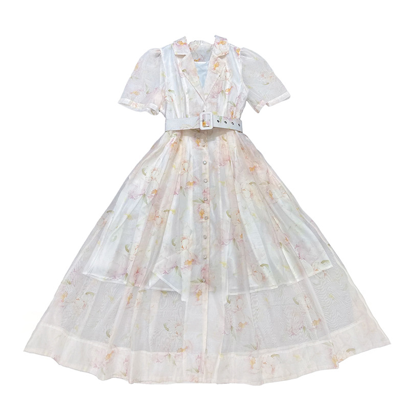 Pinched waist France style belt puff sleeve dress for women