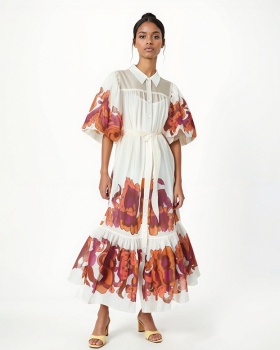 Flowers lapel dress sweet style puff sleeve long dress for women