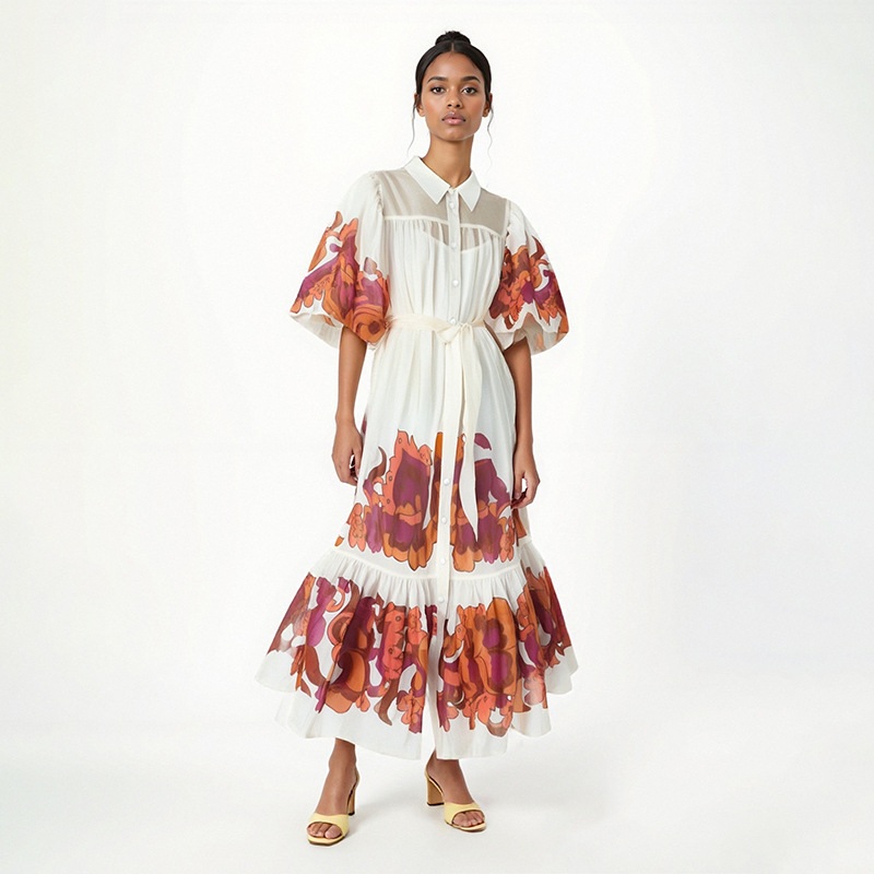 Flowers lapel dress sweet style puff sleeve long dress for women