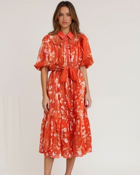 Printing retro breasted elegant frenum dress for women