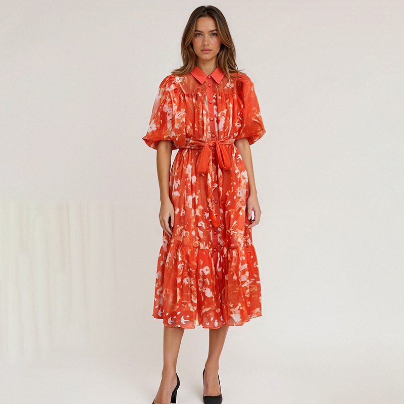 Printing retro breasted elegant frenum dress for women