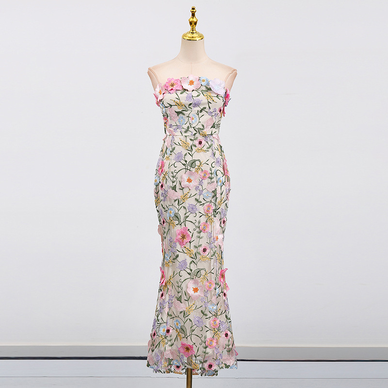 Stereoscopic embroidery dress splice long dress for women