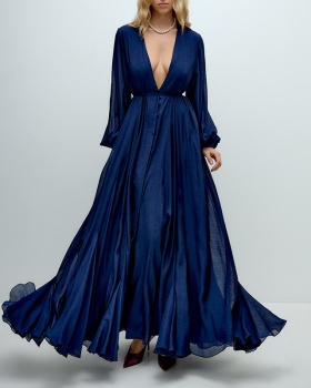 V-neck high waist long dress pure dress for women