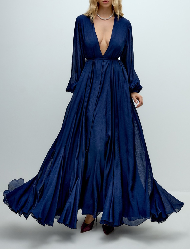 V-neck high waist long dress pure dress for women