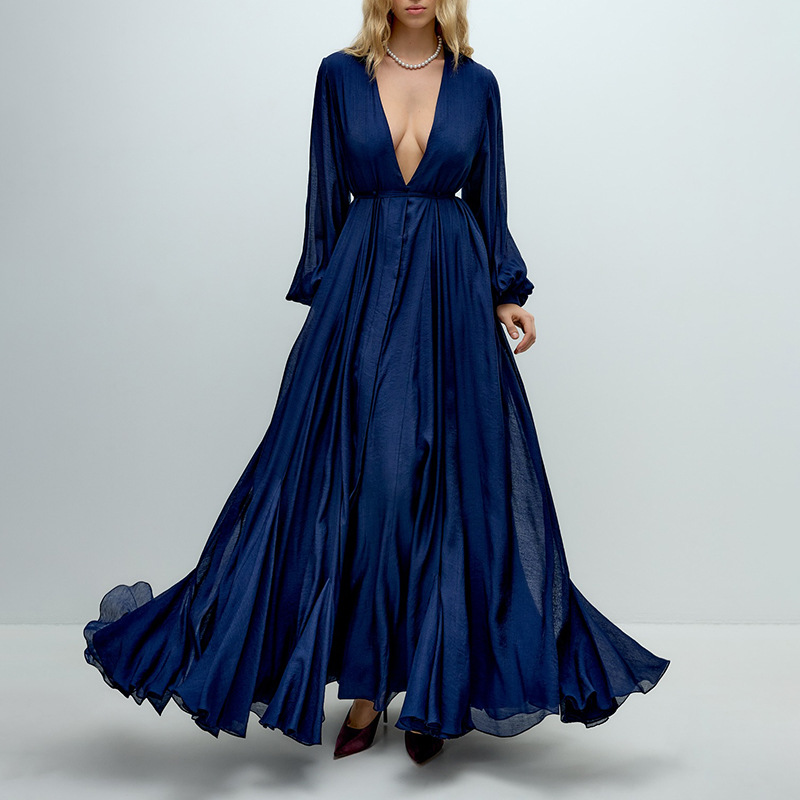 V-neck high waist long dress pure dress for women