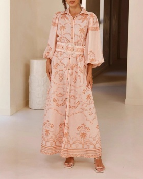Vacation lapel dress puff sleeve beach dress for women