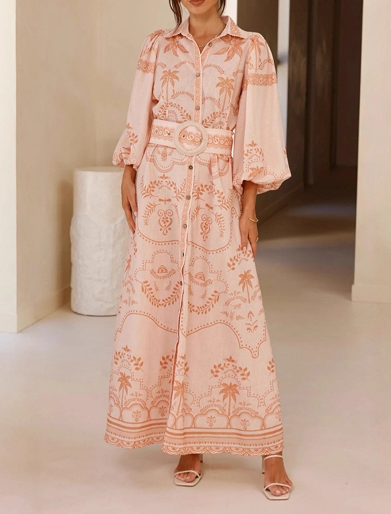 Vacation lapel dress puff sleeve beach dress for women