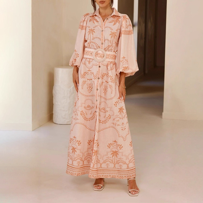 Vacation lapel dress puff sleeve beach dress for women