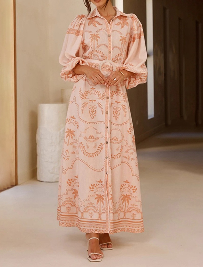 Vacation lapel dress puff sleeve beach dress for women