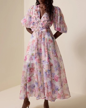 V-neck long dress puff sleeve beach dress for women