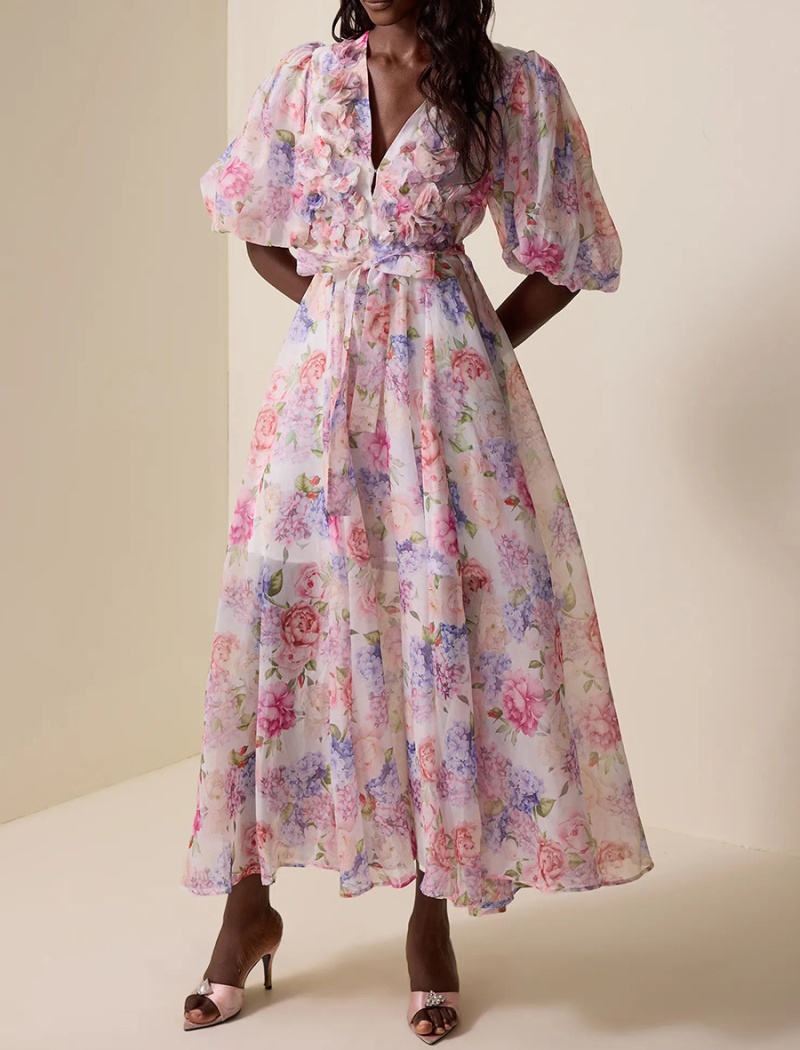 V-neck long dress puff sleeve beach dress for women