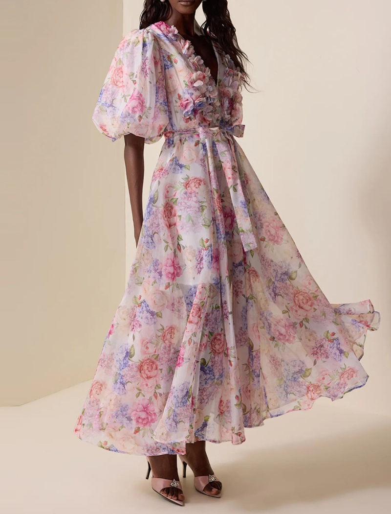 V-neck long dress puff sleeve beach dress for women