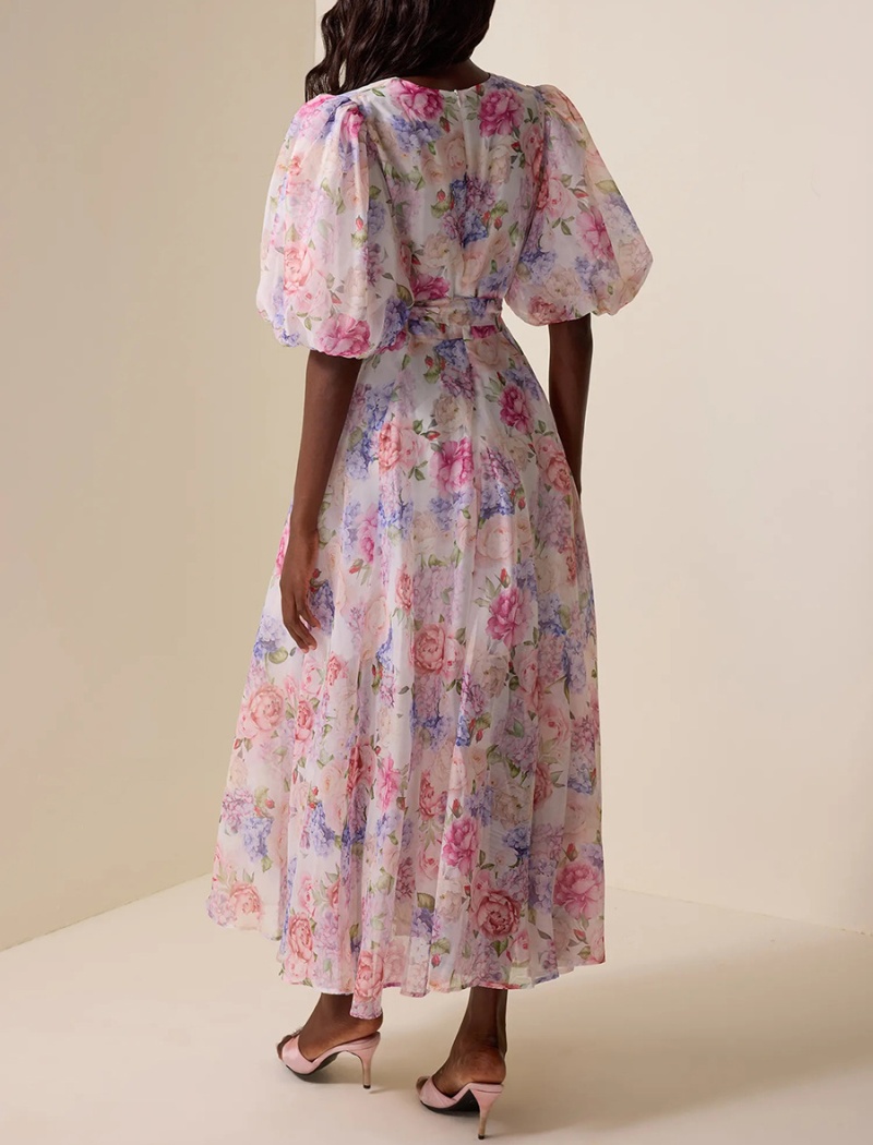 V-neck long dress puff sleeve beach dress for women