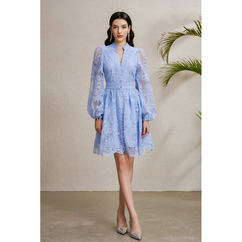 Vacation embroidery lantern sleeve V-neck autumn dress