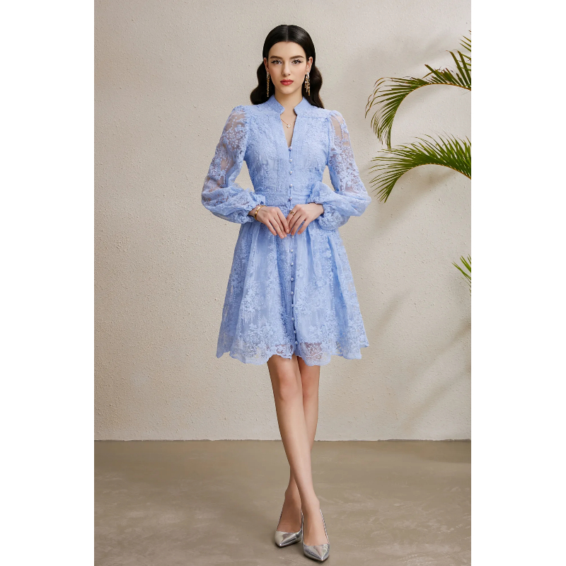 Vacation embroidery lantern sleeve V-neck autumn dress