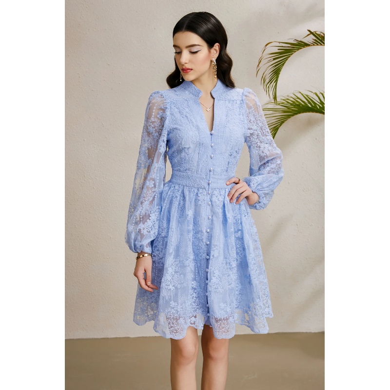Vacation embroidery lantern sleeve V-neck autumn dress