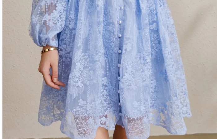 Vacation embroidery lantern sleeve V-neck autumn dress