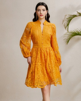 Vacation V-neck lantern sleeve autumn embroidery dress