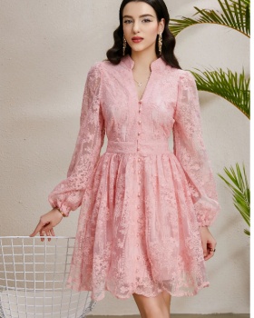 Vacation embroidery lantern sleeve autumn V-neck dress