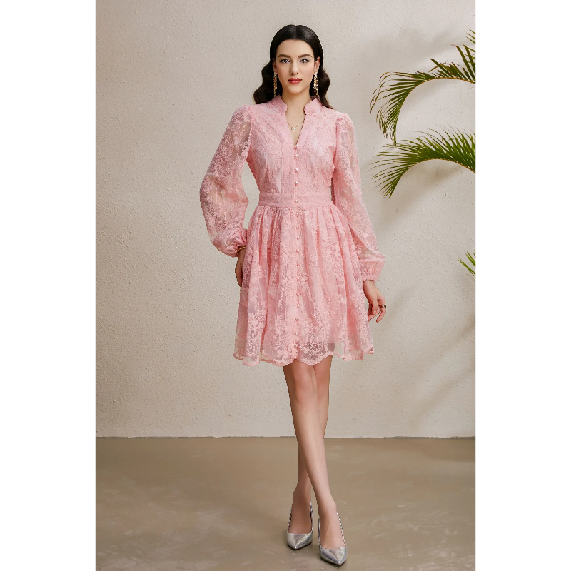 Vacation embroidery lantern sleeve autumn V-neck dress