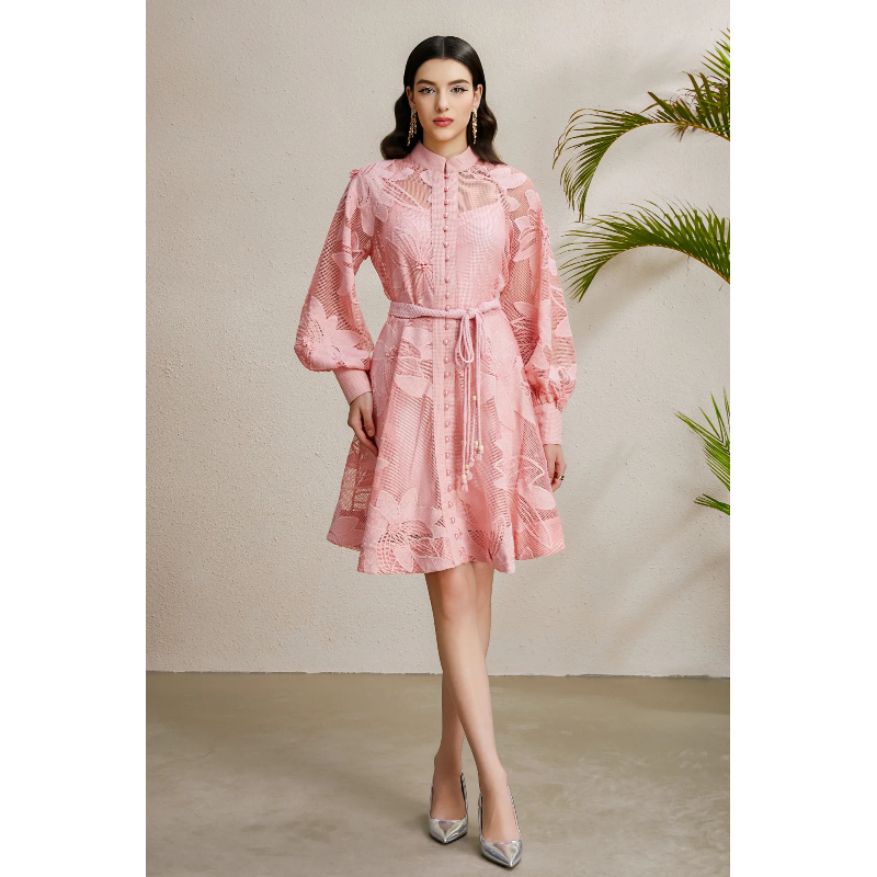 Court style lace stereoscopic autumn cstand collar dress