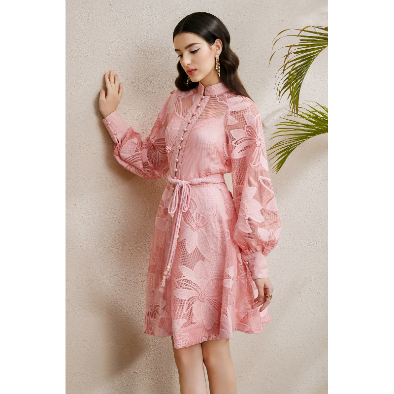 Court style lace stereoscopic autumn cstand collar dress