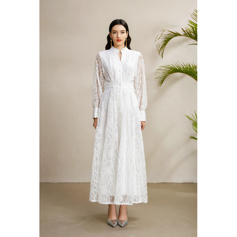 V-neck autumn lantern sleeve court style embroidery dress