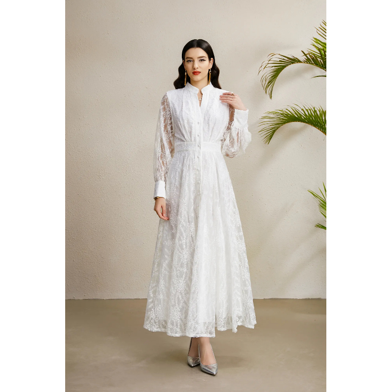 V-neck autumn lantern sleeve court style embroidery dress