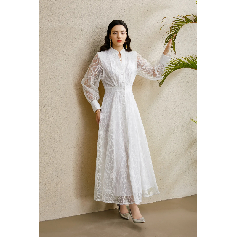 V-neck autumn lantern sleeve court style embroidery dress
