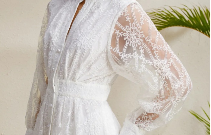 V-neck autumn lantern sleeve court style embroidery dress