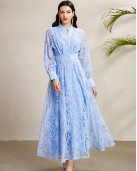 Embroidery lantern sleeve V-neck autumn court style dress