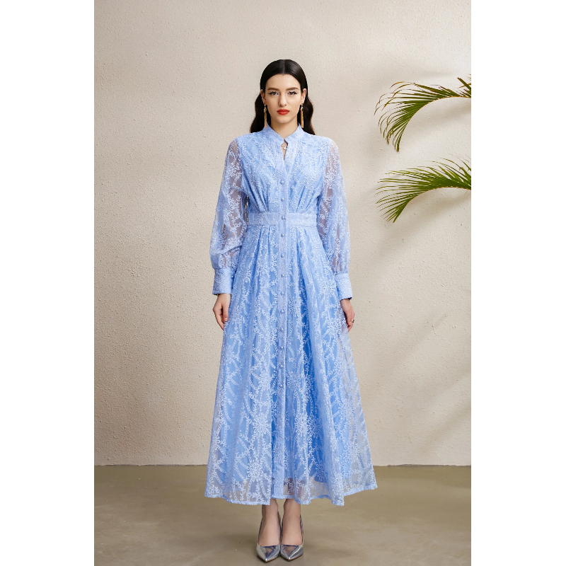 Embroidery lantern sleeve V-neck autumn court style dress