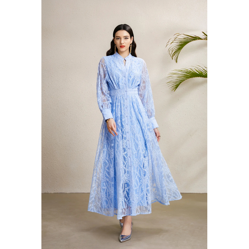Embroidery lantern sleeve V-neck autumn court style dress
