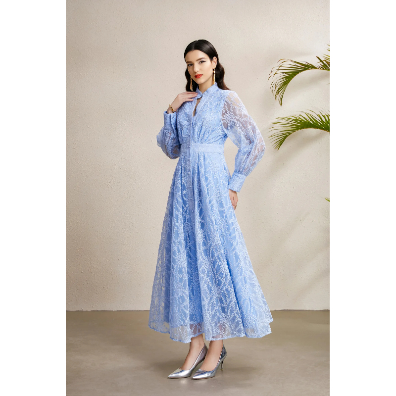 Embroidery lantern sleeve V-neck autumn court style dress