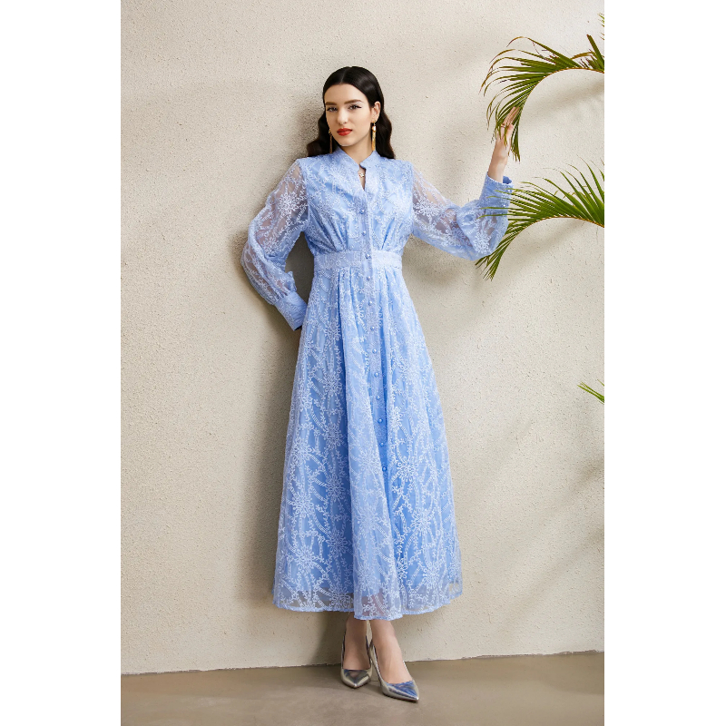 Embroidery lantern sleeve V-neck autumn court style dress