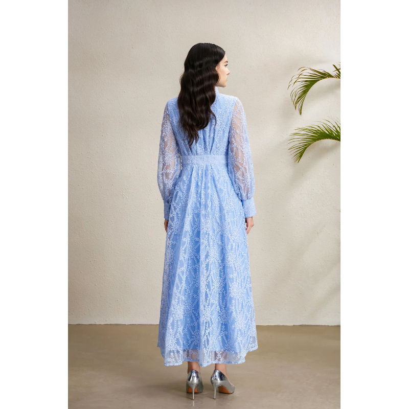 Embroidery lantern sleeve V-neck autumn court style dress