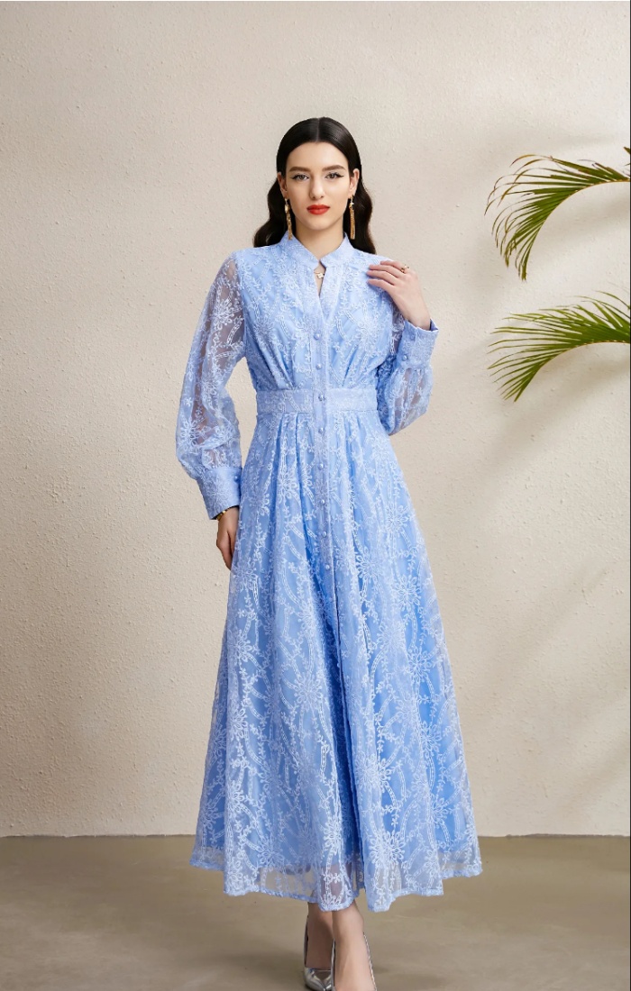 Embroidery lantern sleeve V-neck autumn court style dress