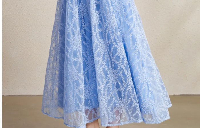 Embroidery lantern sleeve V-neck autumn court style dress