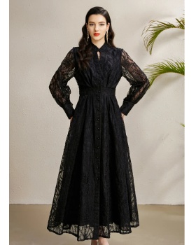 V-neck embroidery court style autumn lantern sleeve dress