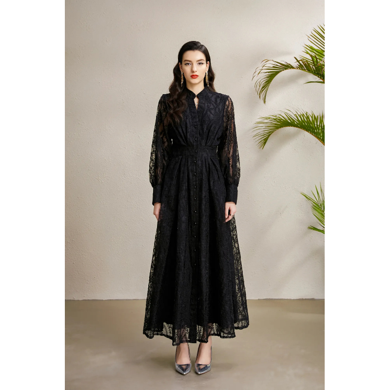 V-neck embroidery court style autumn lantern sleeve dress