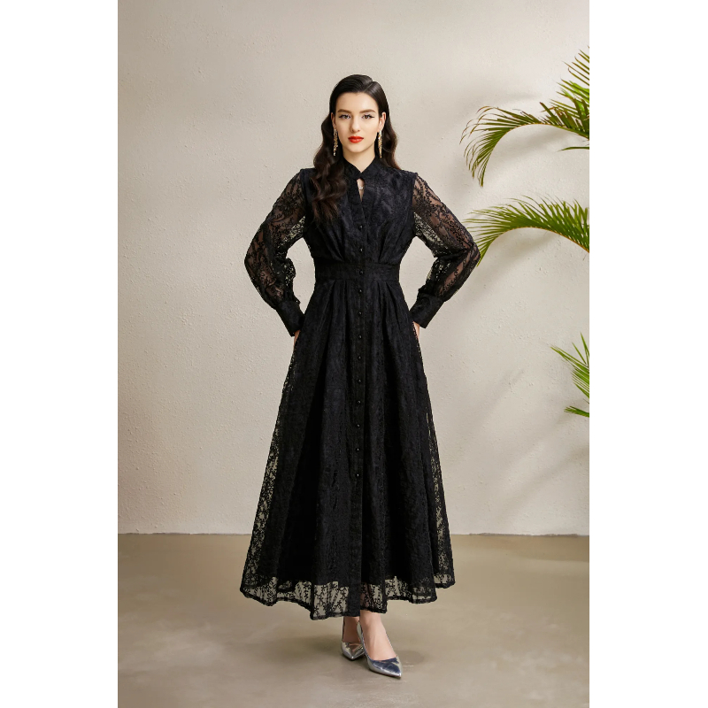 V-neck embroidery court style autumn lantern sleeve dress