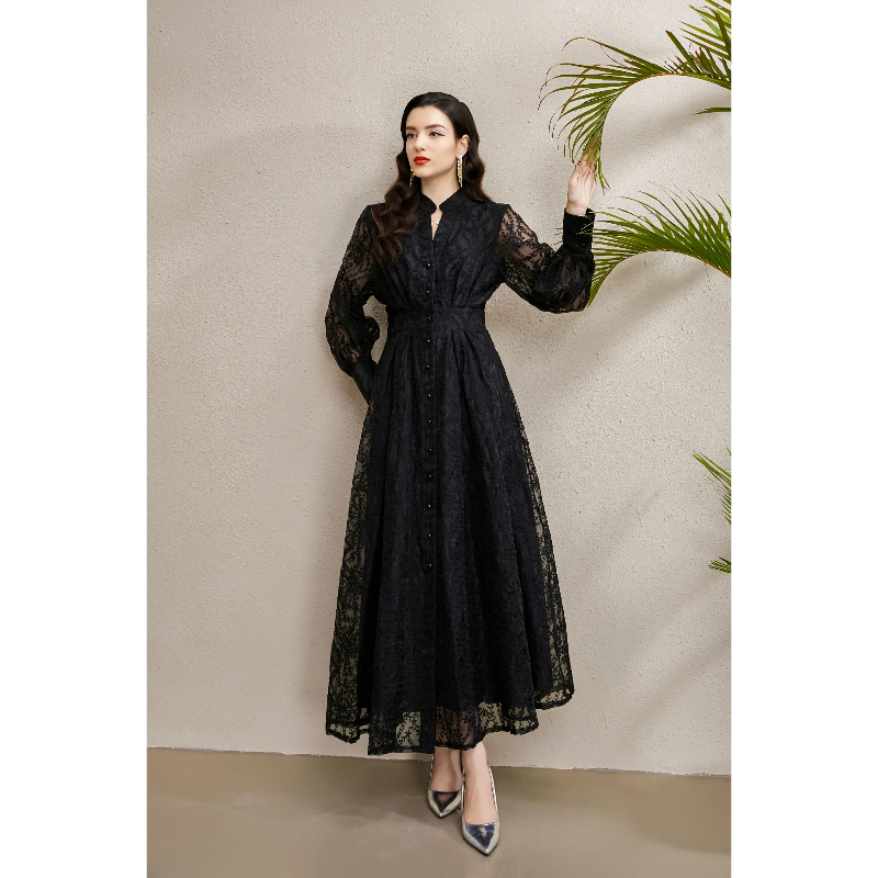 V-neck embroidery court style autumn lantern sleeve dress