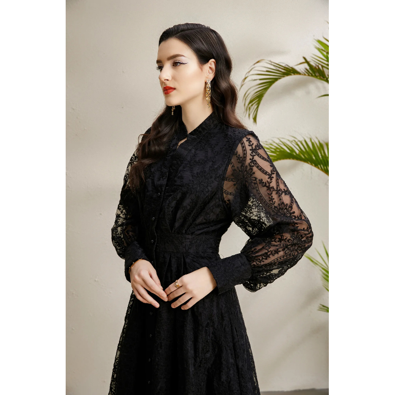 V-neck embroidery court style autumn lantern sleeve dress