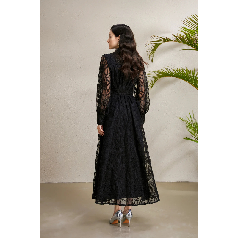 V-neck embroidery court style autumn lantern sleeve dress