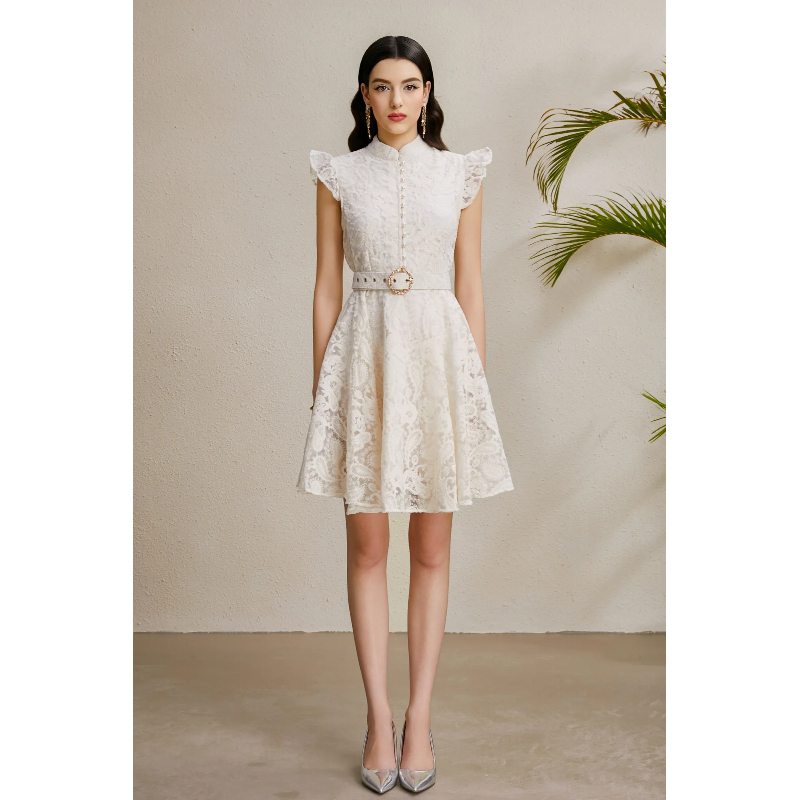 Embroidery cstand collar autumn sleeveless dress