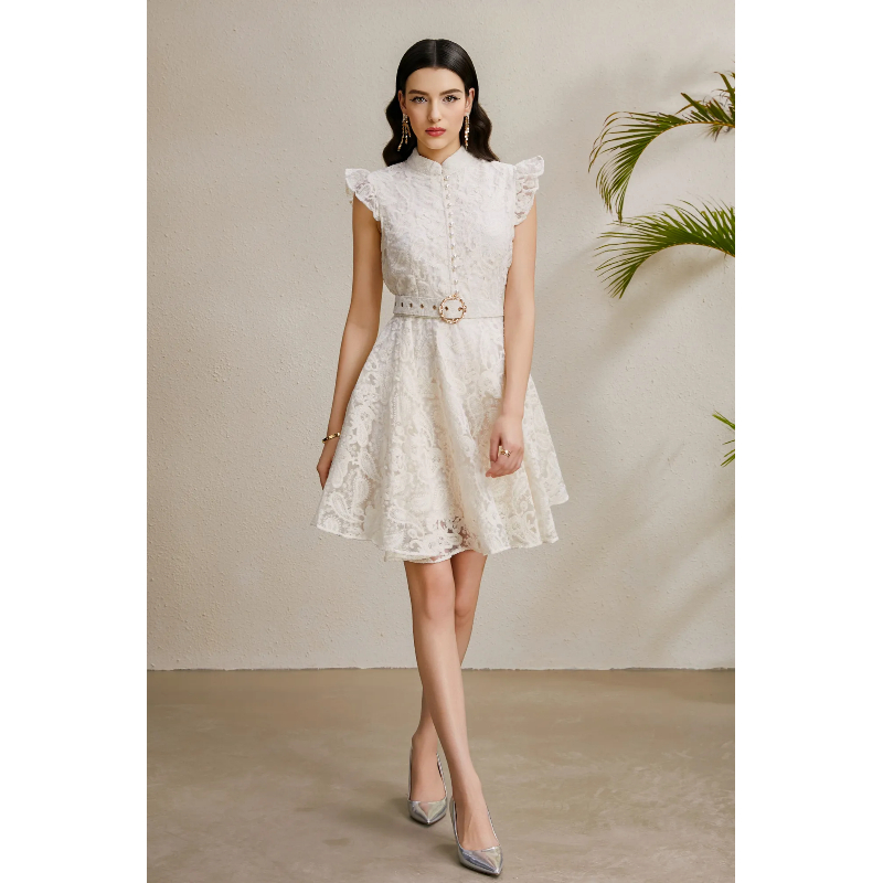 Embroidery cstand collar autumn sleeveless dress