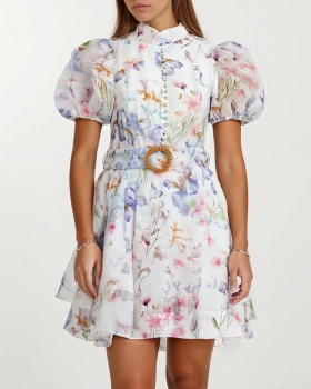Puff sleeve dress pinched waist T-back for women