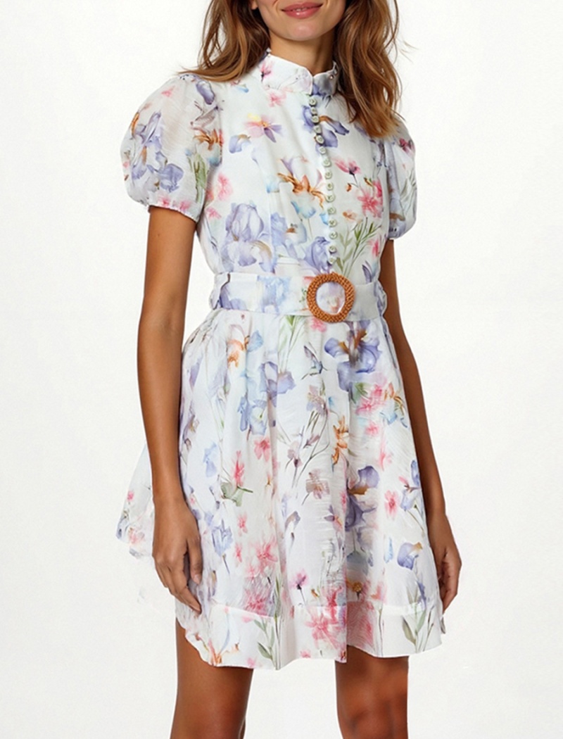 Puff sleeve dress pinched waist T-back for women
