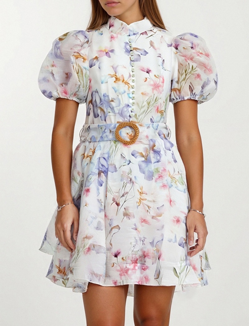 Puff sleeve dress pinched waist T-back for women
