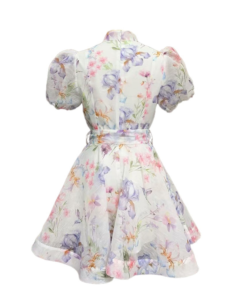 Puff sleeve dress pinched waist T-back for women